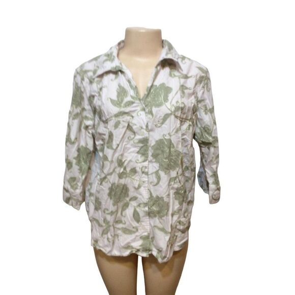 Fashion Bug 3/4 Sleeve Button Down Size 18/20 White With Green Flower Cotton - Picture 1 of 3
